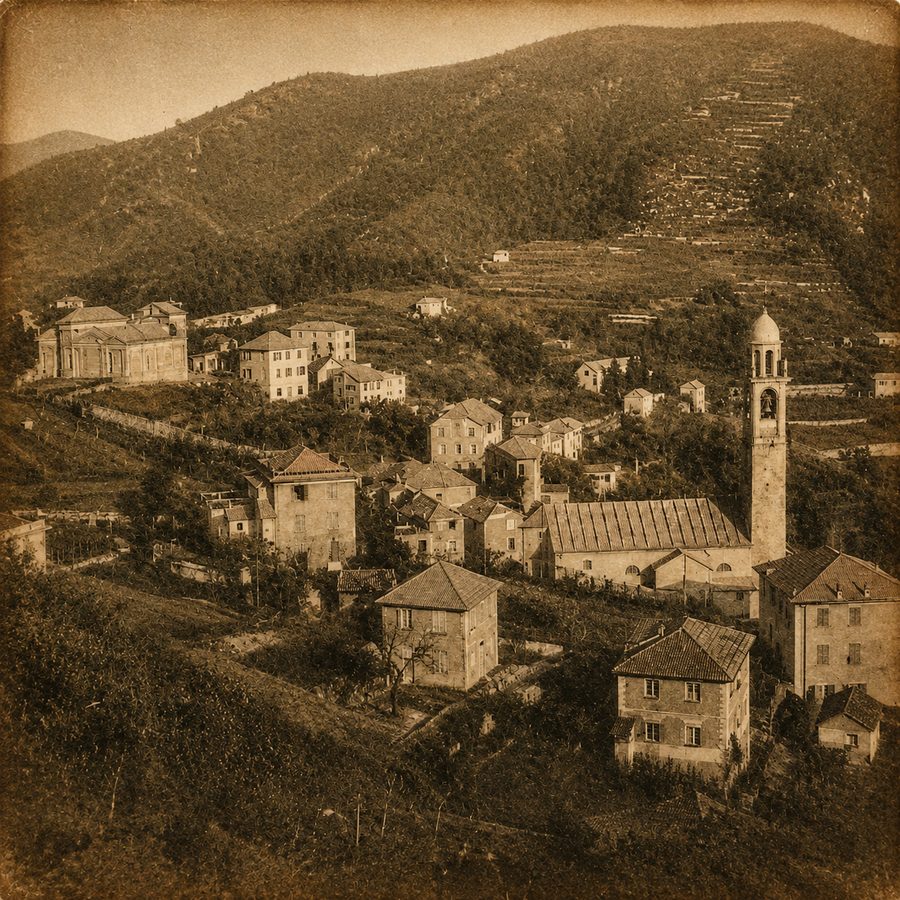 Veduta storica di Bavari in tono seppia: le case, la chiesa con il campanile e i terrazzamenti sulla collina