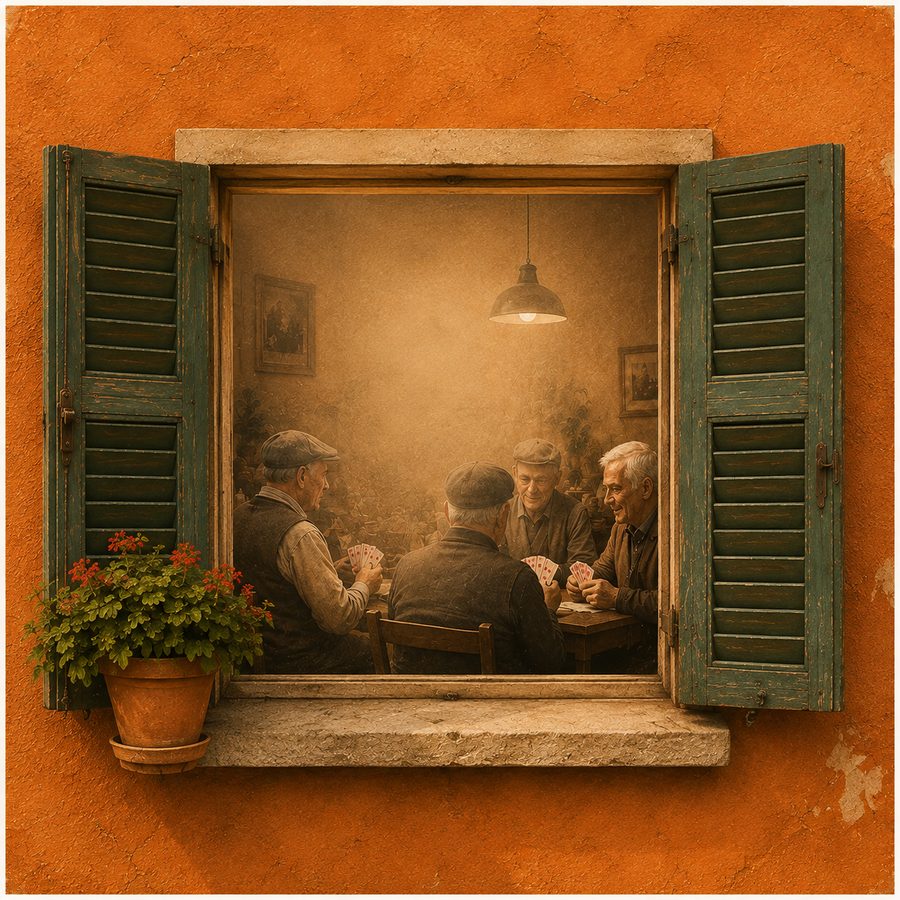 Illustrazione di una finestra con persiane verdi su un muro arancione; all'interno quattro uomini giocano a carte attorno a un tavolo